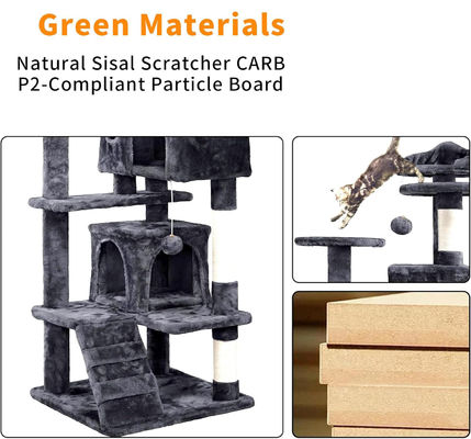 OEM/ODM Custom Luxury Dark Grey Plush Wood Multi-storey Cat Villa com Árvore de Escalada