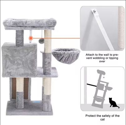 Fun Função de jogo Logotipo personalizado Eco-Friendly Madeira Cinza SISAL Cat Tower para gatos de interior