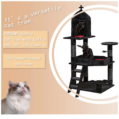 Torre de gato gótico preto Coffin Bed Condomínio de raspagem Postes de bola de aranha Móveis de vários níveis