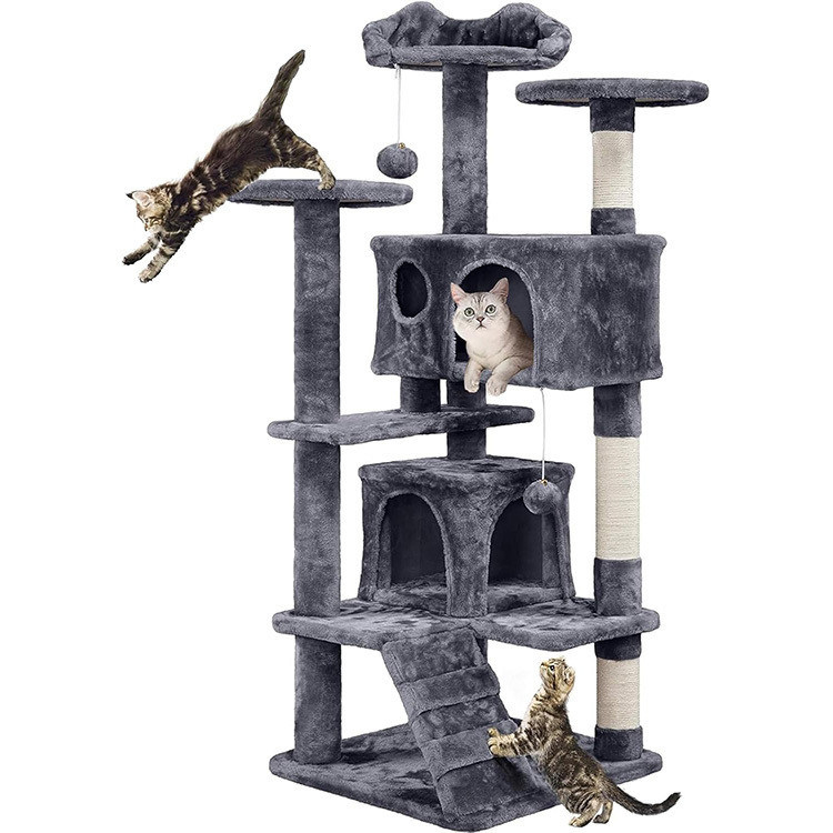 OEM/ODM Custom Luxury Dark Grey Plush Wood Multi-storey Cat Villa com Árvore de Escalada