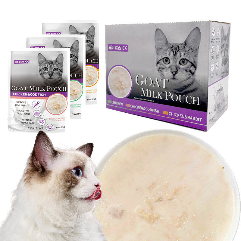 VITAMÍNAS MINERÁLIS Característica de saúde de alta qualidade Leite de cabra Saco de leite de gato Tratamento de animais de estimação Alimento úmido 85g