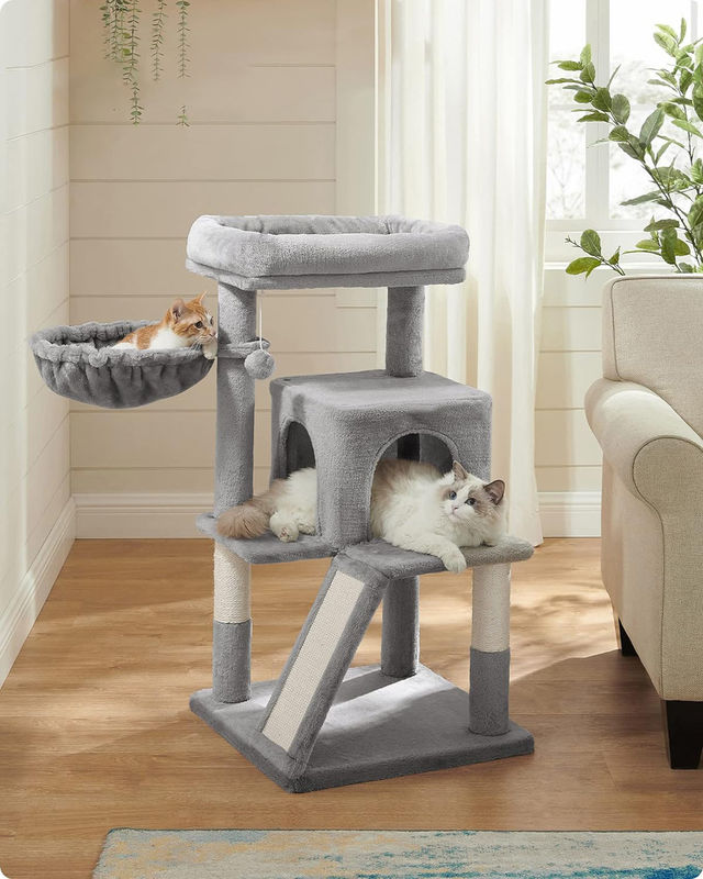 Árvore de gato cinza claro sustentável com Toy Cat Tower Condo Casa de gato e Perca de pelúcia aconchegante